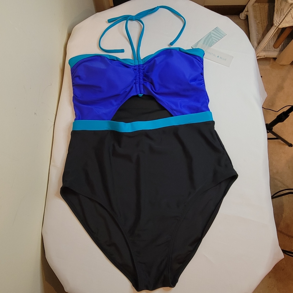 NWT Coastal Blue Women’s Swimsuit Halter Neck Cutout-Front, size L 12-14